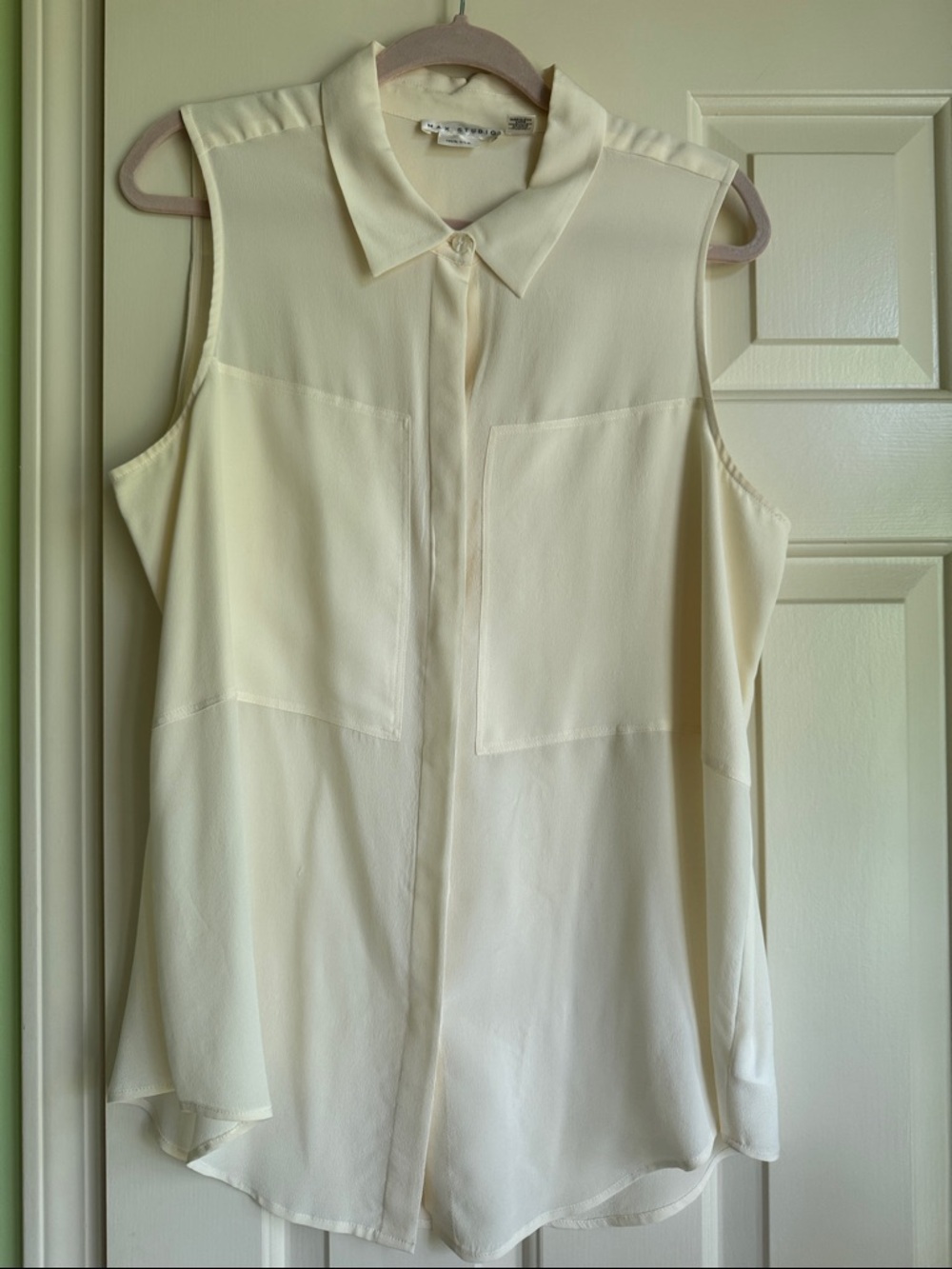 Ivory color Max Studio Sleeveless Silk Button-Down Tunic Blouse